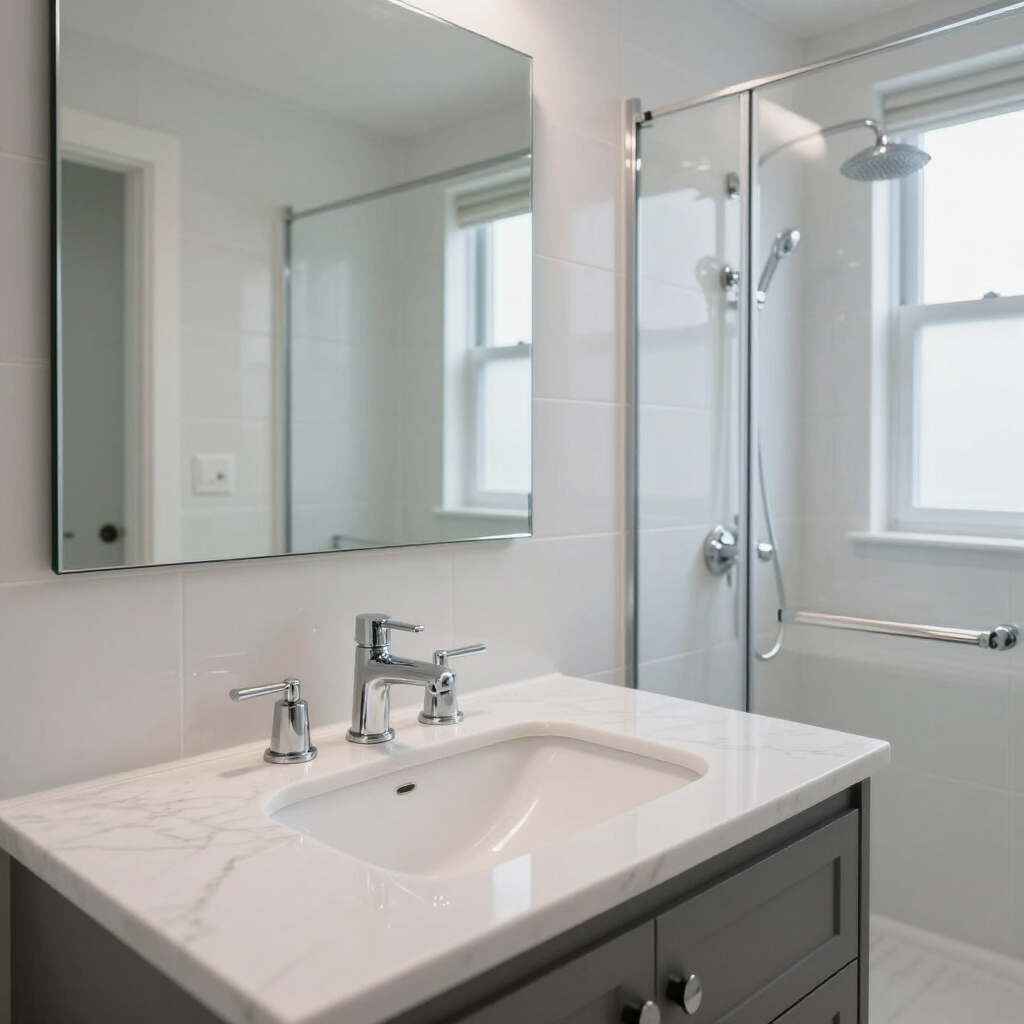 Modern bathroom with a vanity, large mirror, white countertop, and glass-enclosed shower
