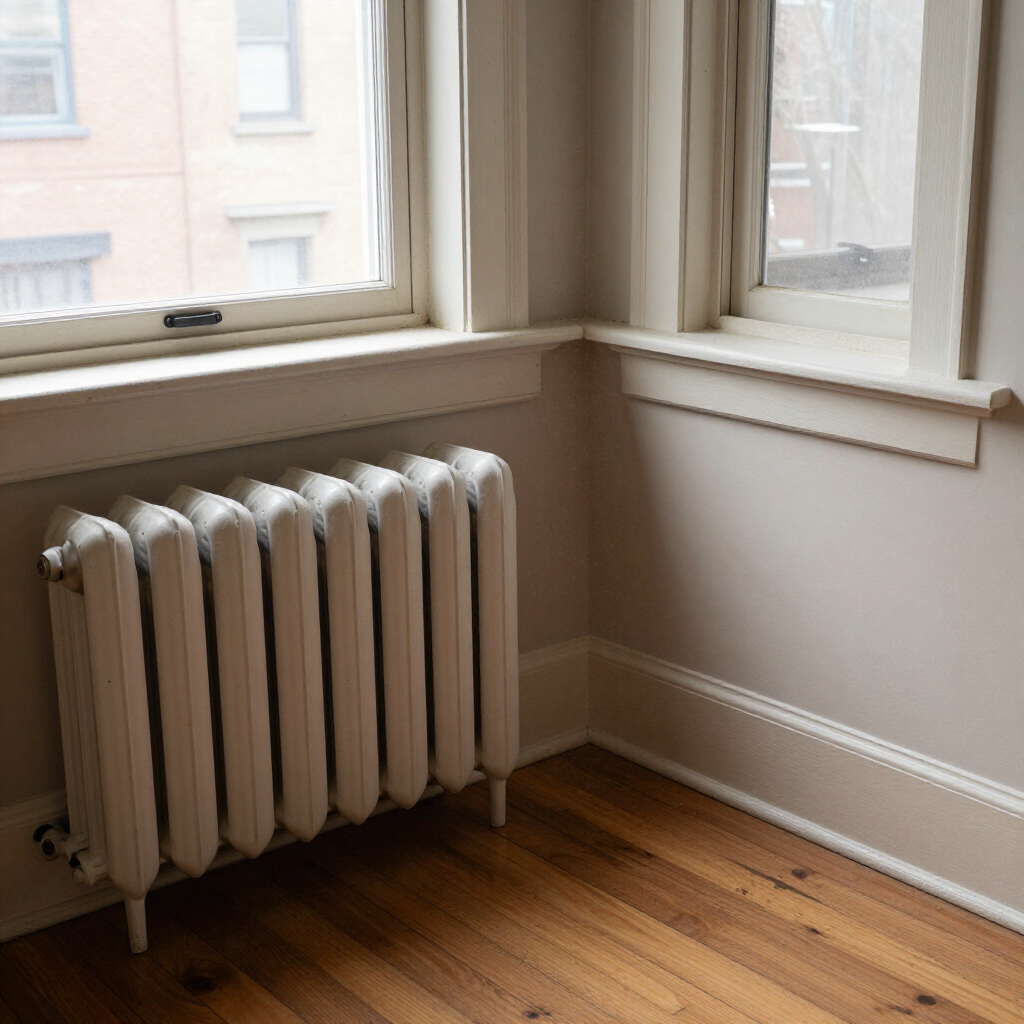 Corner of a room with a white radiator under windows and a wooden floor