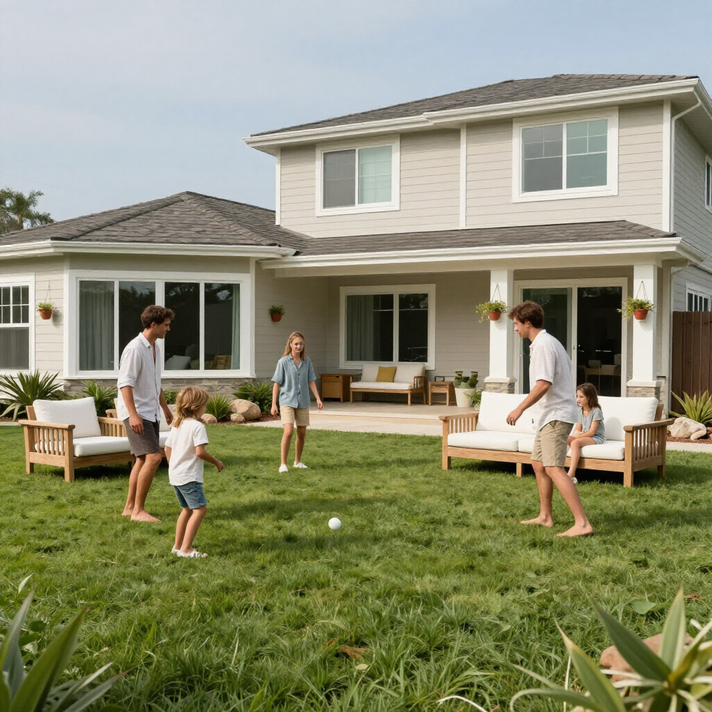 Family playing lawn game in front of a suburban house with outdoor seating and a grassy yard