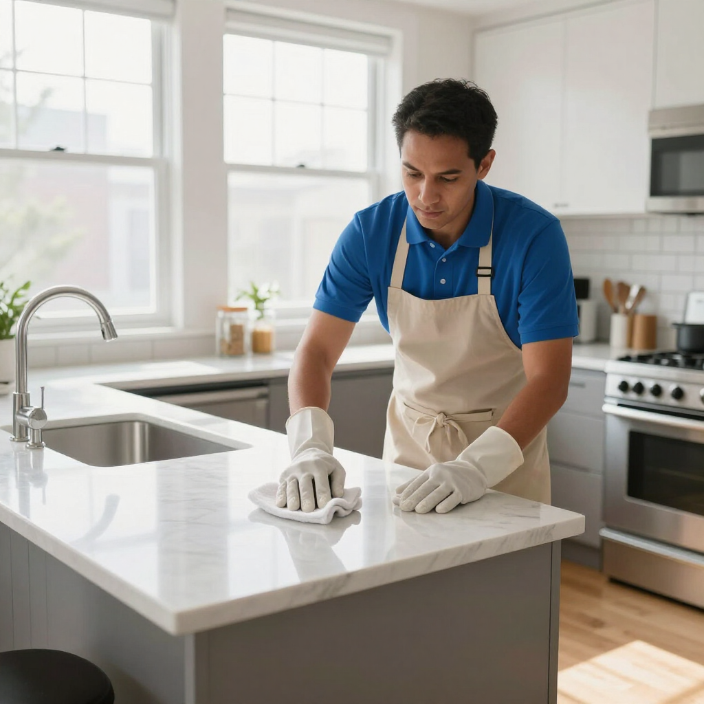 Cleaner in blue shirt and apron wipes a white kitchen countertop in a bright modern kitchen.