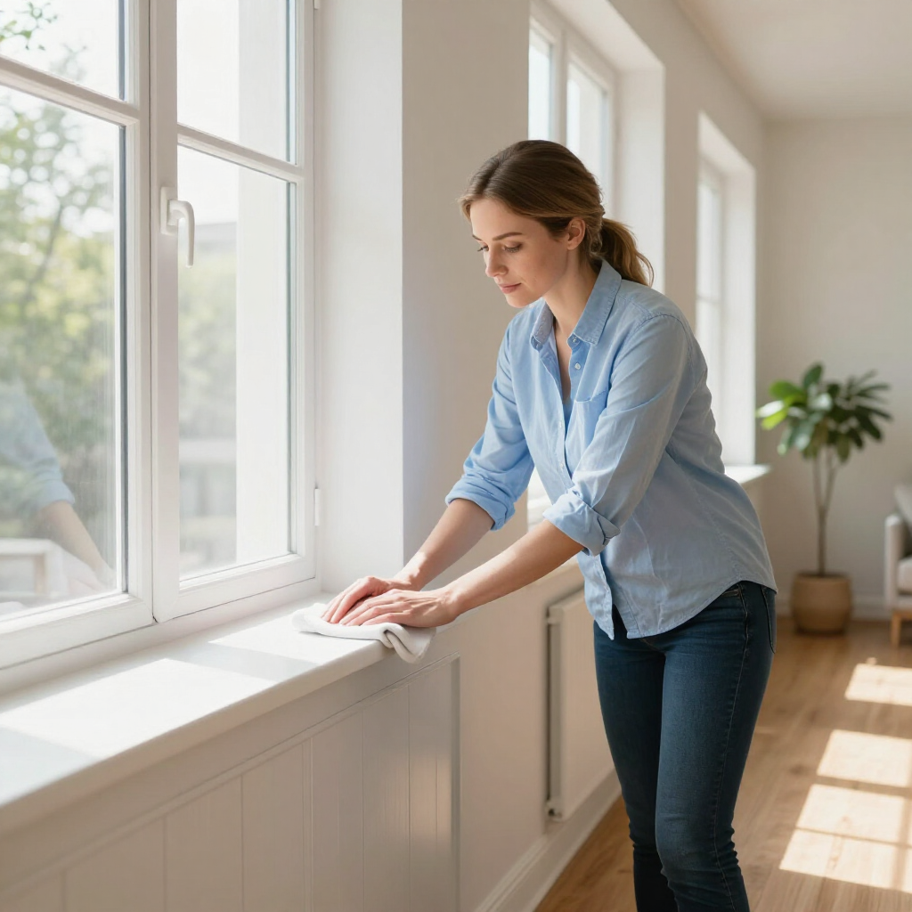 Person cleaning a windowsill in a bright room with sunlight and potted plants