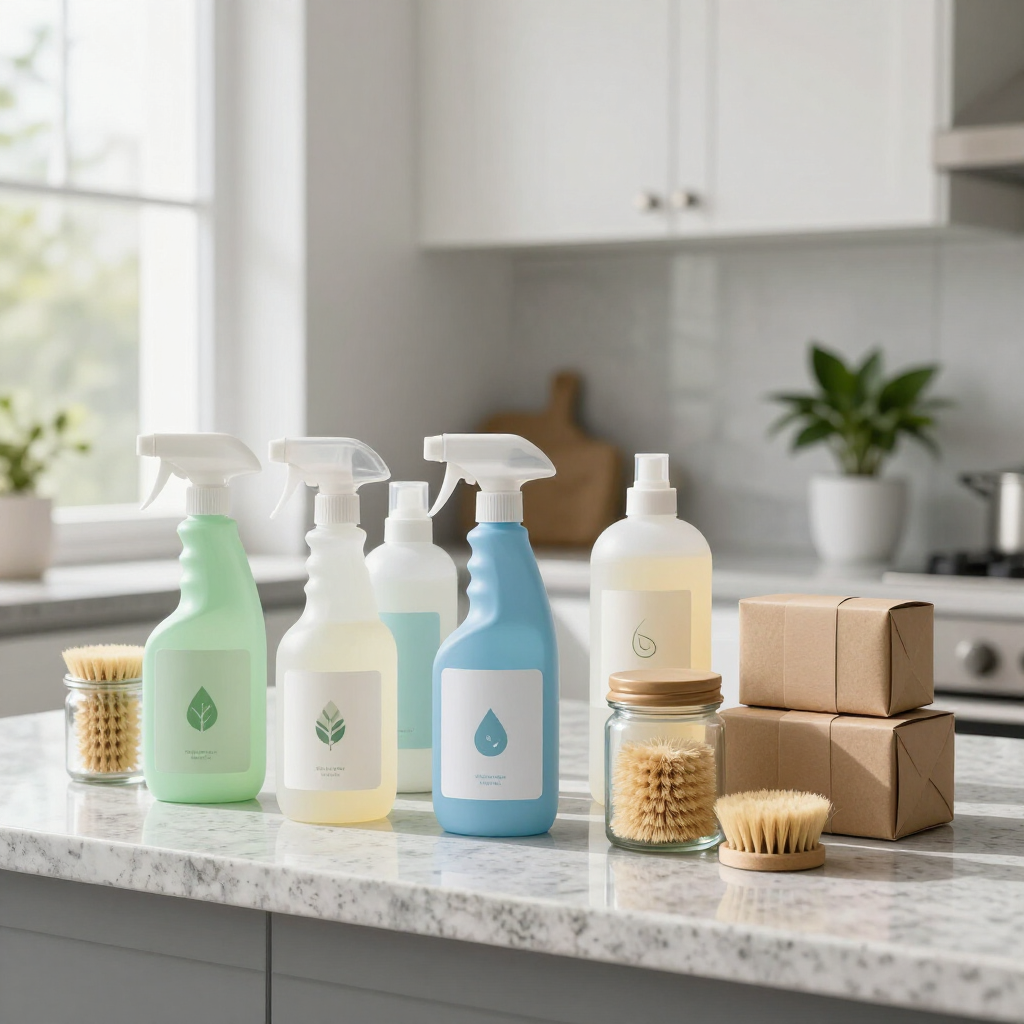 Cleaning spray bottles, soap dispensers, sponges, and cardboard boxes on a kitchen counter.