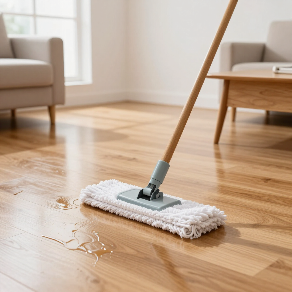 Wooden floor being mopped in a bright living room with furniture nearby