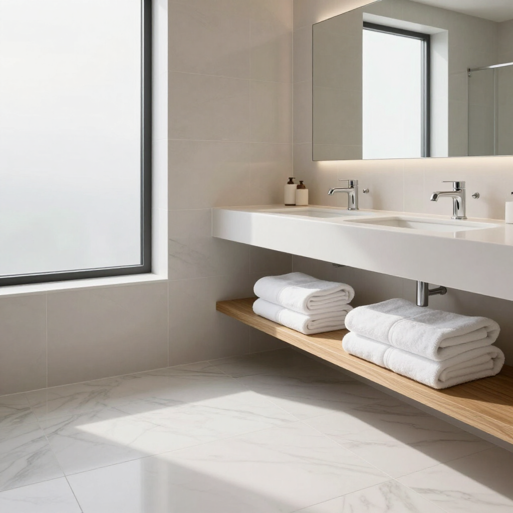Modern bathroom with double sinks, large mirror, window, and neatly folded towels on an open shelf