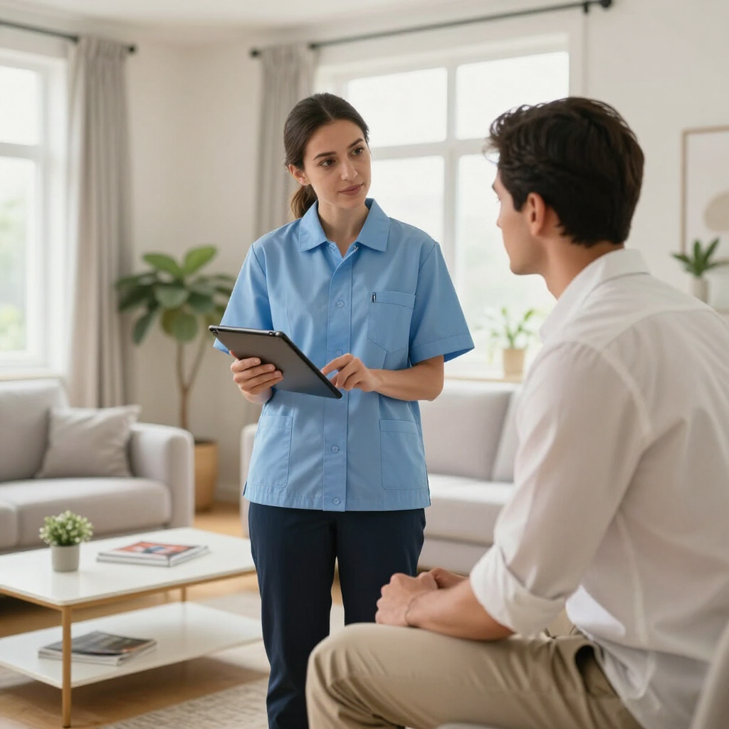 Therapist taking notes while speaking with a seated client in a bright living room