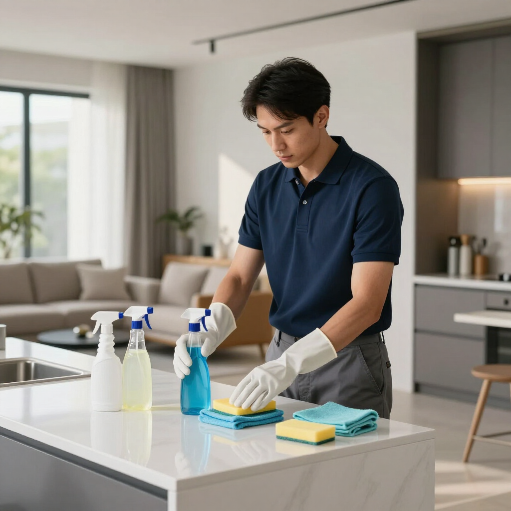 Man cleaning a kitchen island with spray bottles, gloves, and sponges in a bright modern home