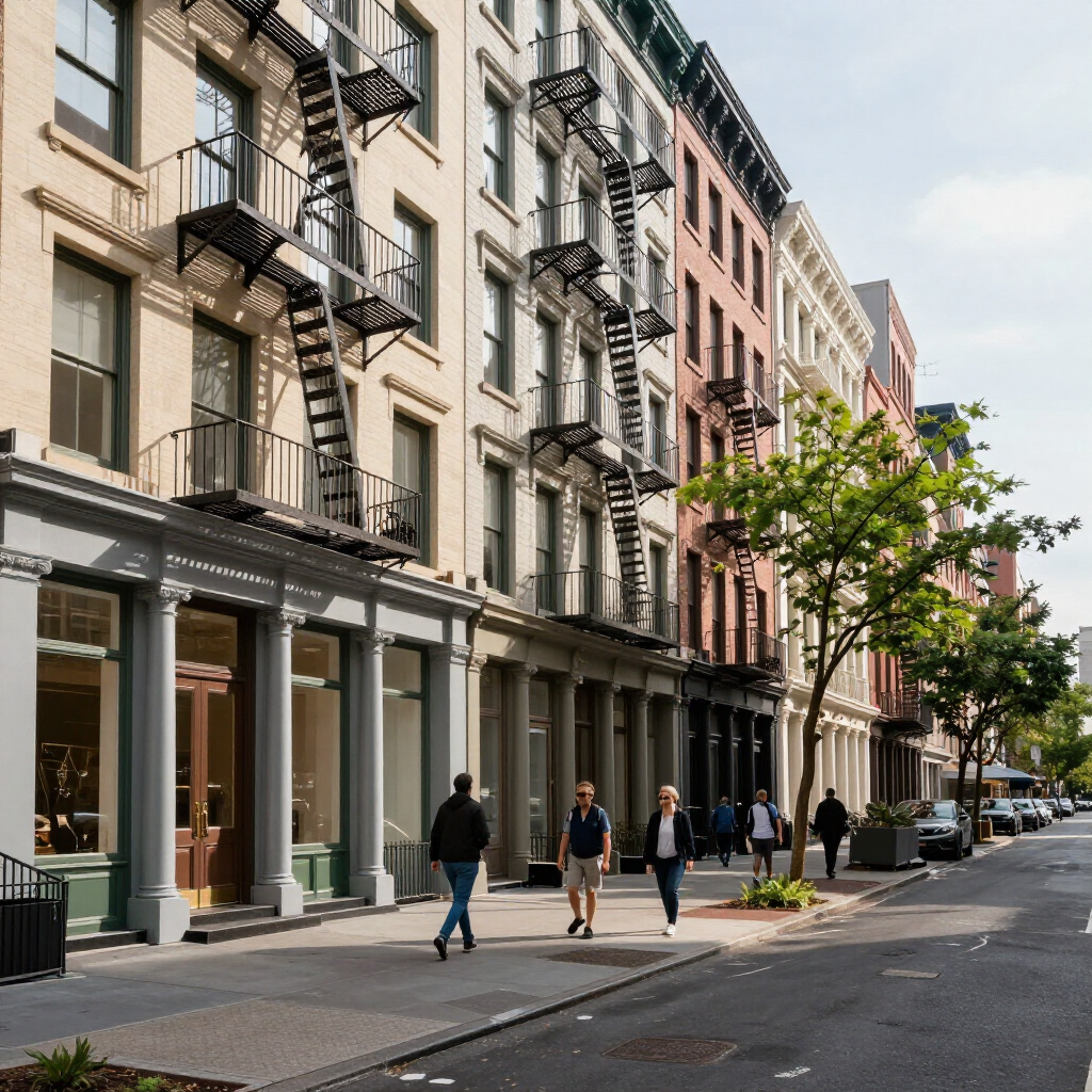 Sunlit city street with historic buildings, fire escapes, storefronts, and a few pedestrians walking along the sidewalk