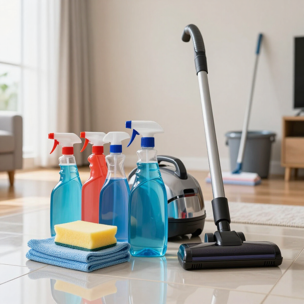 Cleaning supplies with spray bottles, sponge, cloths, vacuum, and mop on a polished floor in a living room