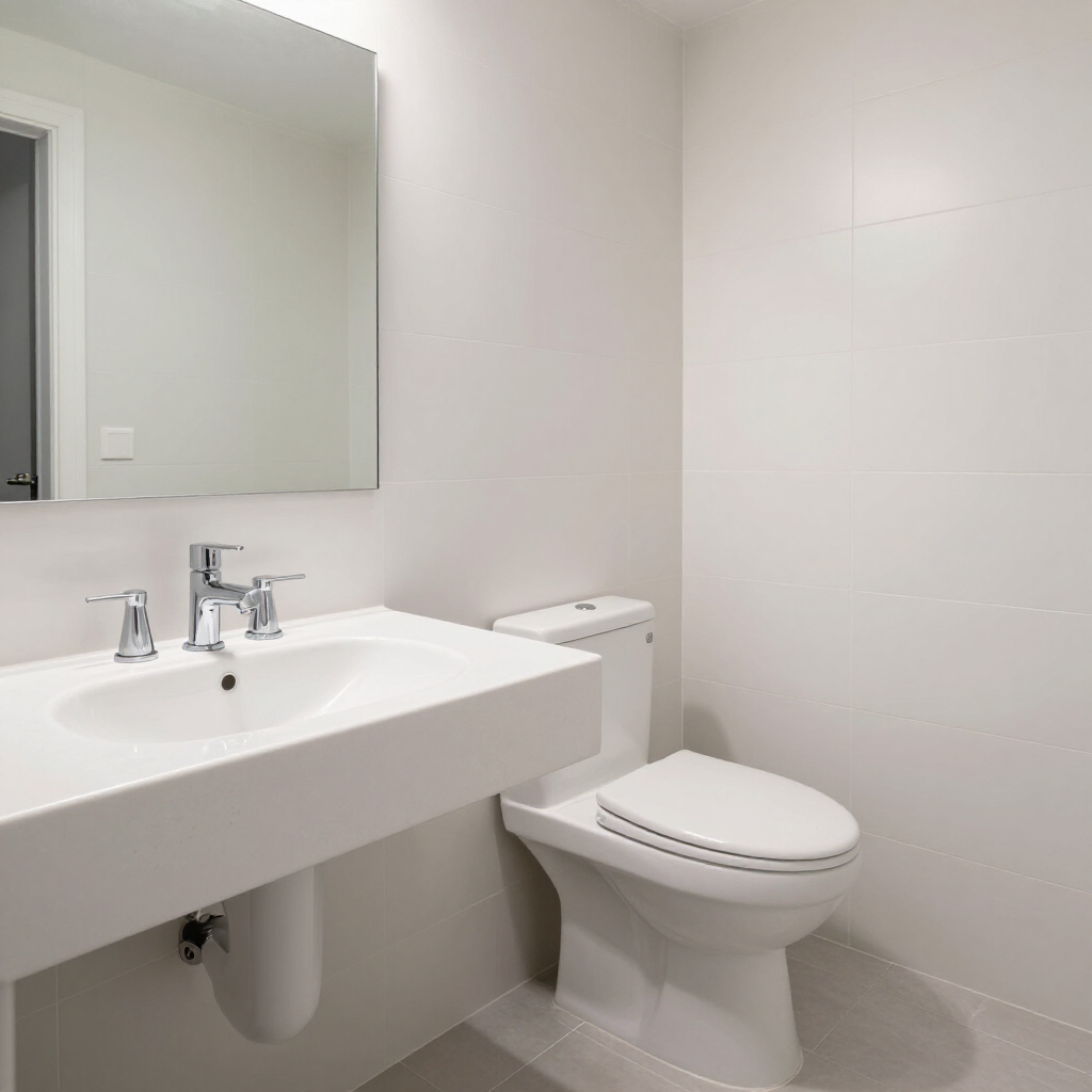 Minimalist white bathroom with sink, mirror, and toilet