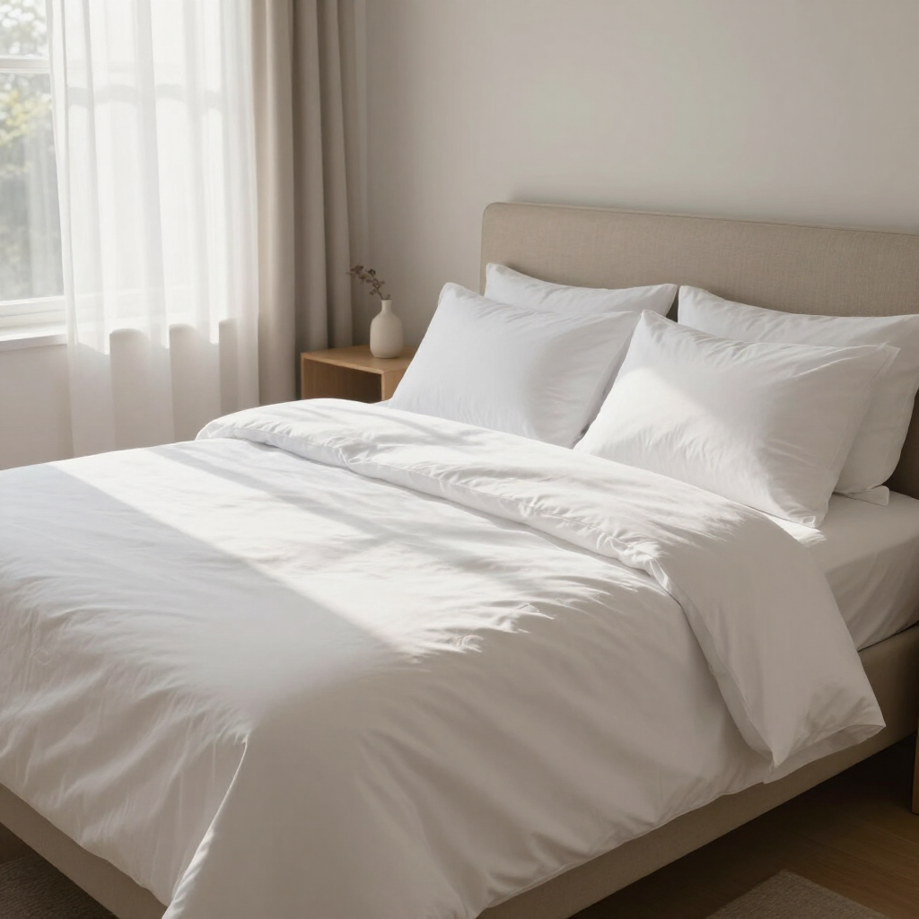 Bright white bed with pillows in a sunlit bedroom beside a window and sheer curtains