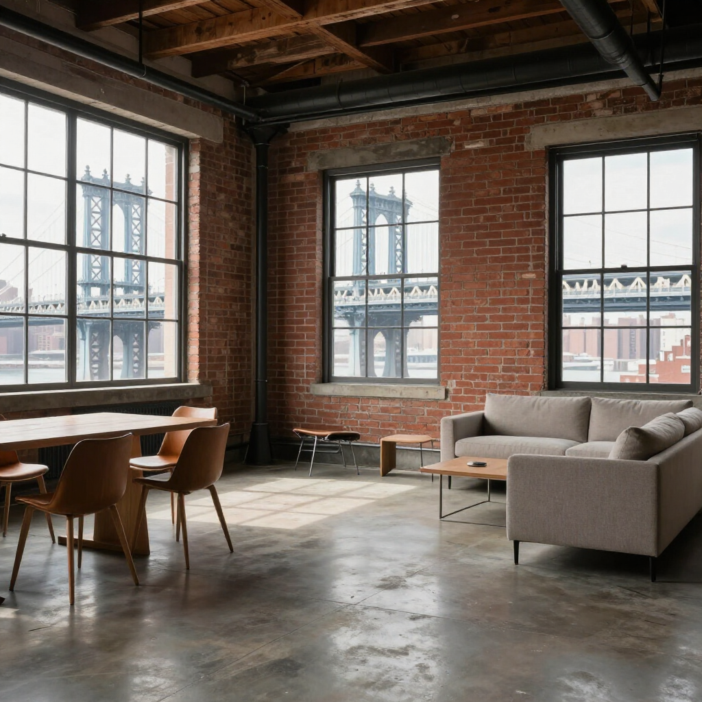 Loft living room with brick walls, large windows, dining table, and gray sofa.