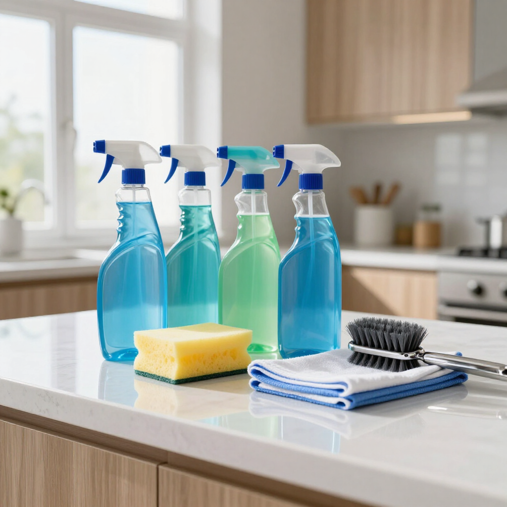 Cleaning supplies on a kitchen counter: spray bottles, sponge, folded cloths, and scrub brush.