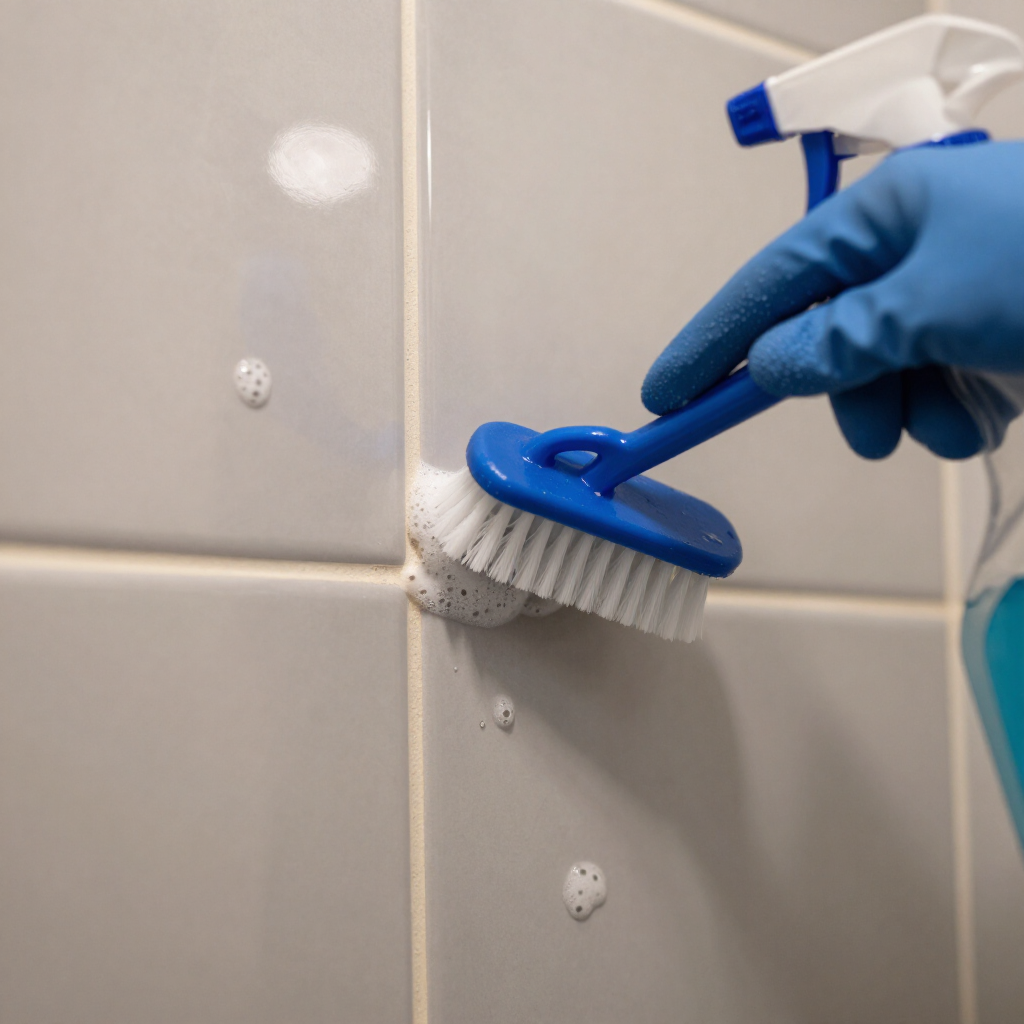 Gloved hand scrubbing white bathroom tiles with a blue cleaning brush and spray bottle