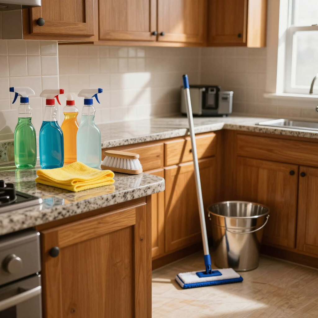 Cleaning supplies and mop in a sunlit kitchen with wooden cabinets and granite countertops