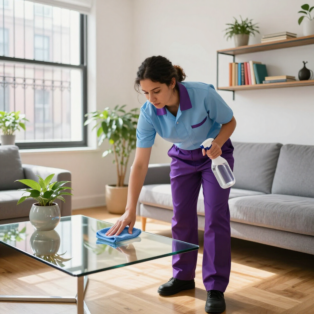 Cleaner wiping a glass coffee table in a bright living room