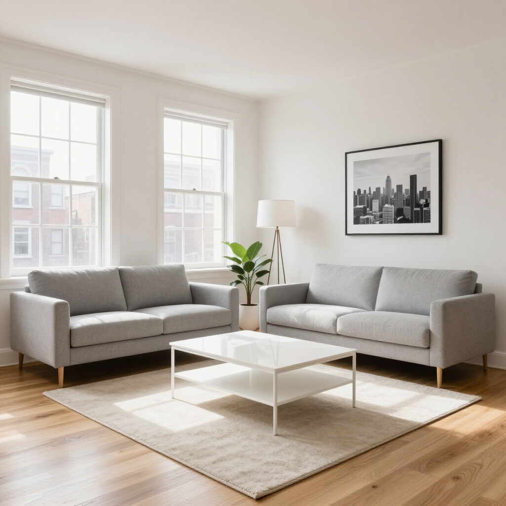Bright modern living room with two gray sofas, white coffee table, rug, and large windows