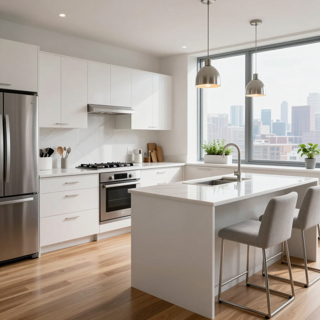 Modern white kitchen with island, stainless appliances, pendant lights, and large city-view window