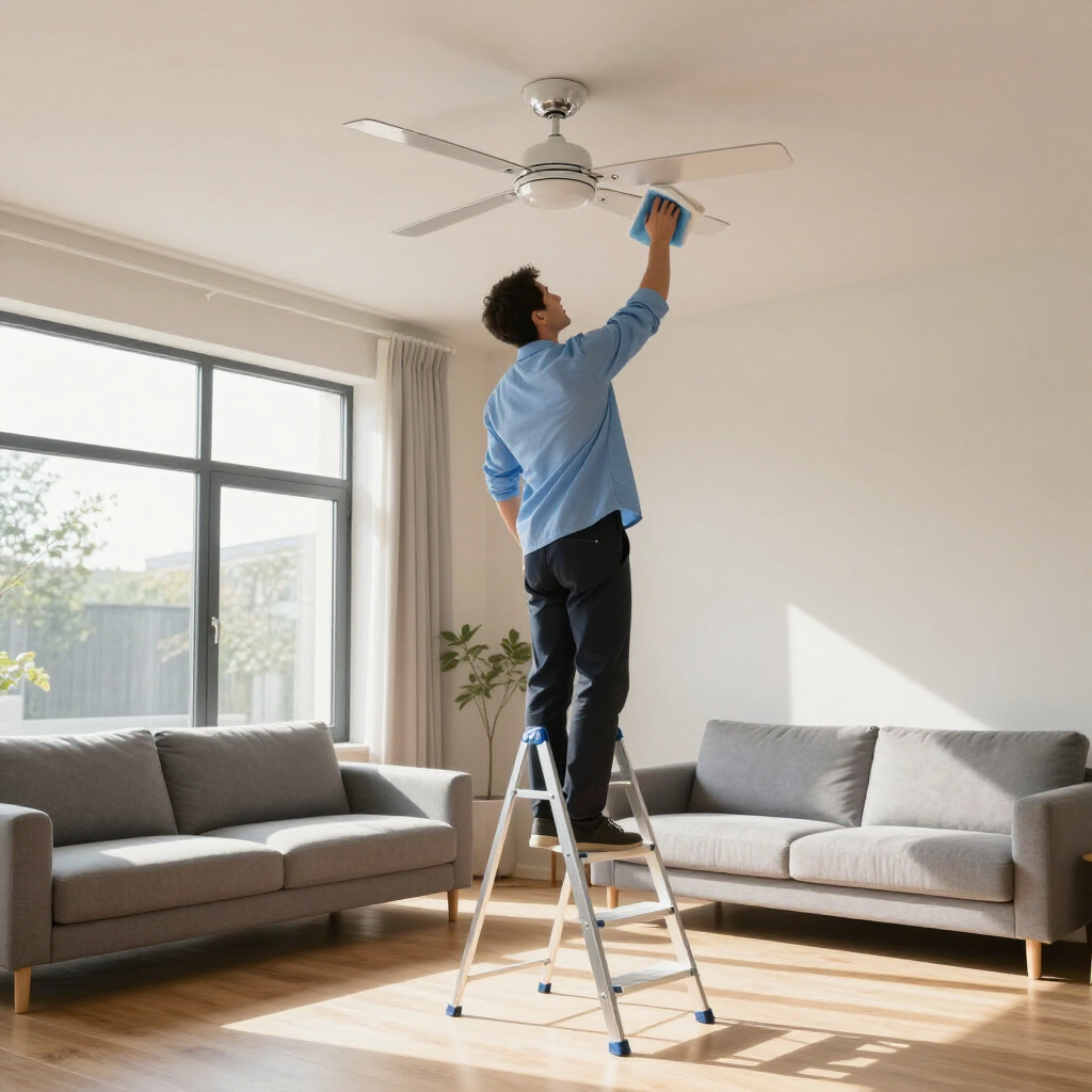 Person on a ladder cleaning a ceiling fan in a bright living room with sofas and large windows