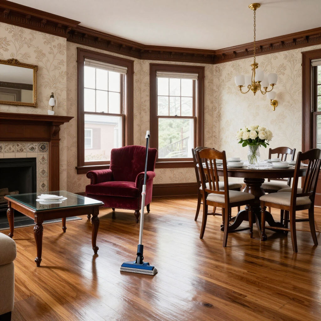 Elegant living room with hardwood floors, fireplace, red armchair, dining table, and sunlight through windows