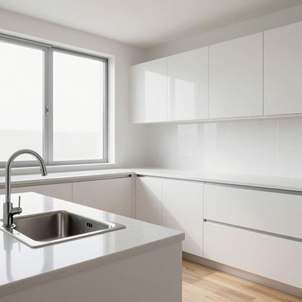 Modern white kitchen with sink, large window, glossy cabinets, and light wood floor