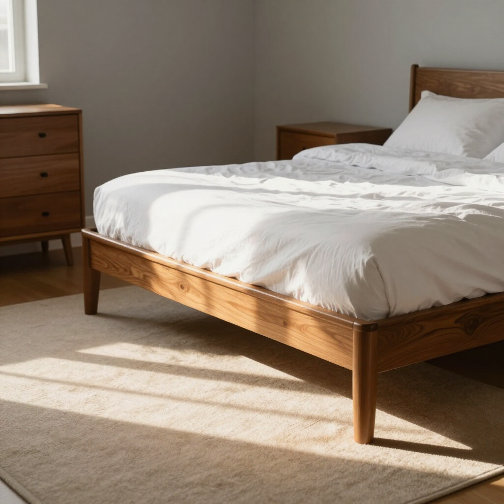 Sunlit bedroom with a wooden bed, white bedding, and a dresser by the window.