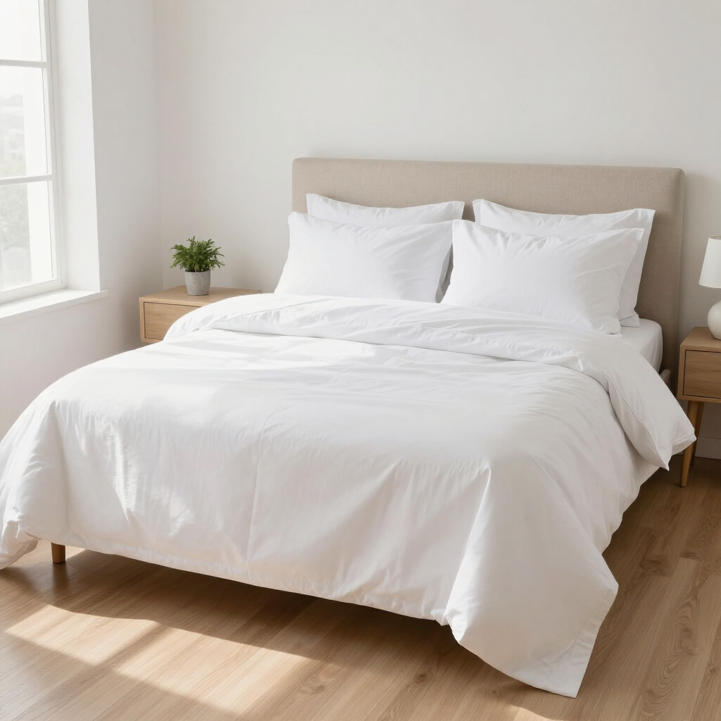 Bright white bed with pillows in a sunlit bedroom with wood floors and a small plant by the window