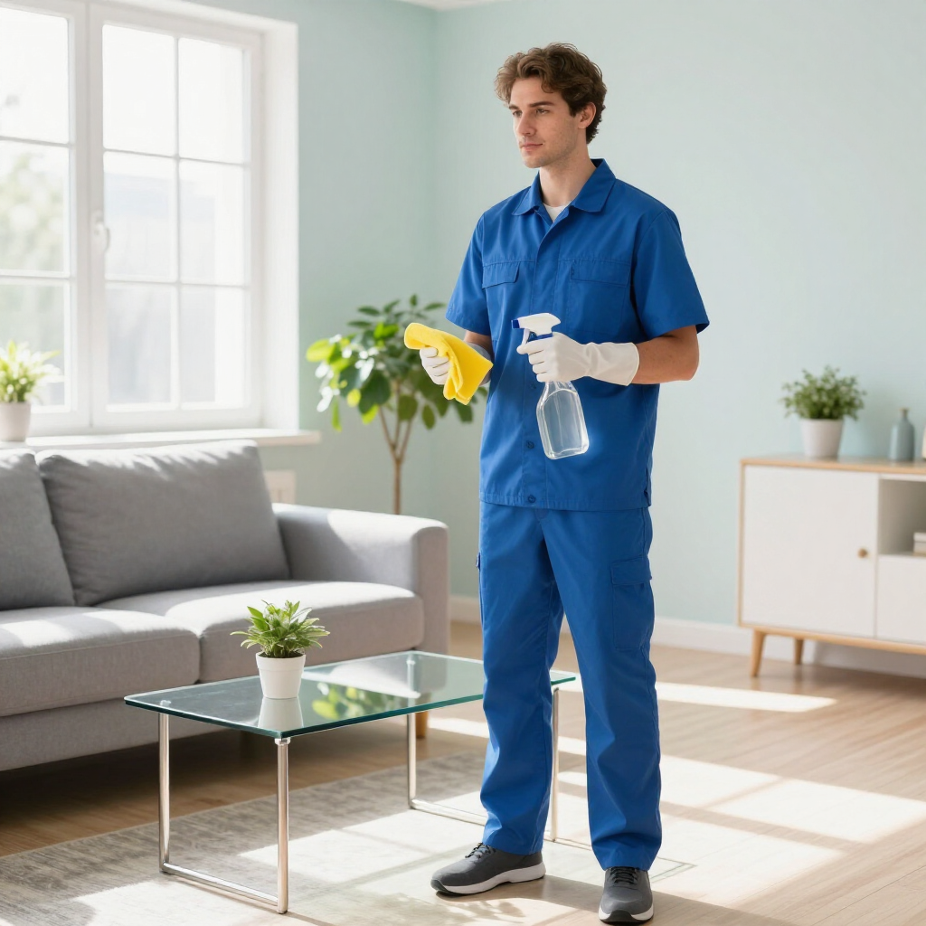 Man in blue work clothes holding cleaning supplies in a bright living room near a sofa and window