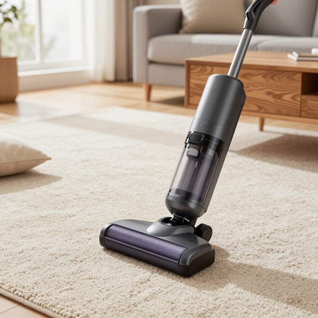 Cordless vacuum cleaner cleaning a beige carpet in a sunlit living room