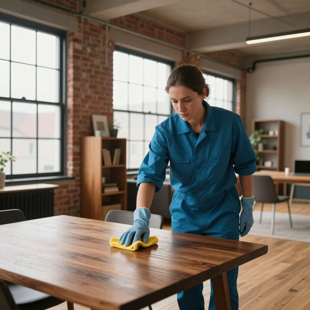 Cleaner wiping a wooden table in a bright office loft