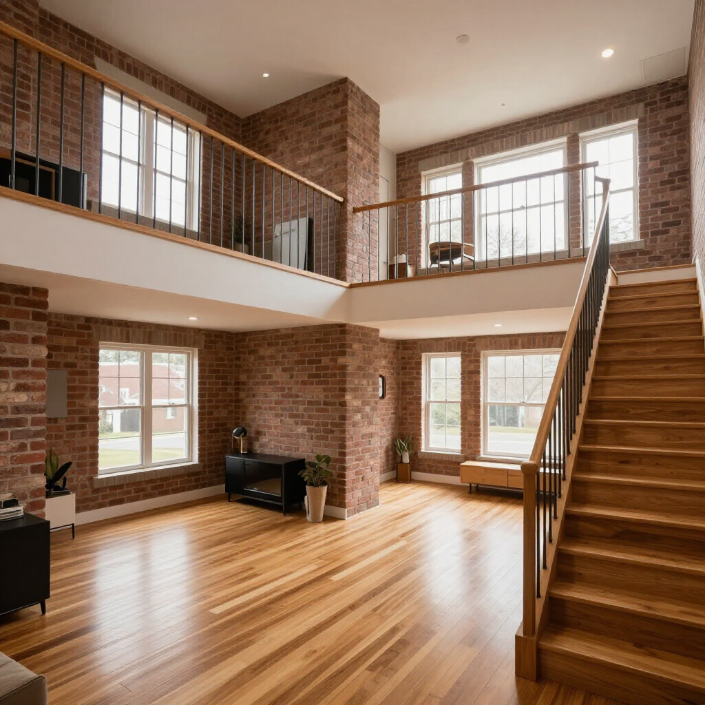 Spacious two-story brick living room with hardwood floors, tall windows, and a wooden staircase
