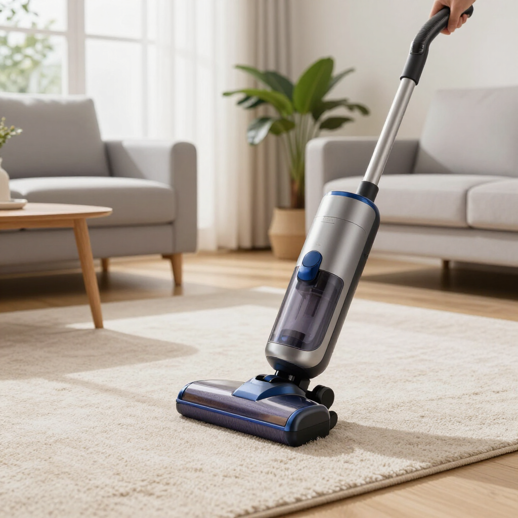 Cordless vacuum cleaning a light beige rug in a bright living room with a sofa and plant.