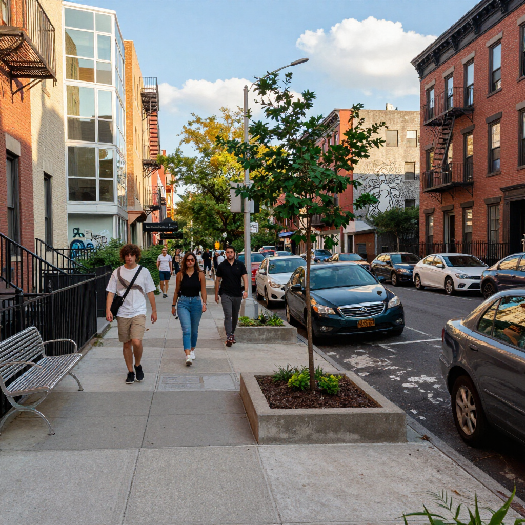 City sidewalk with pedestrians, parked cars, brick buildings, and a small tree planter on a sunny street.