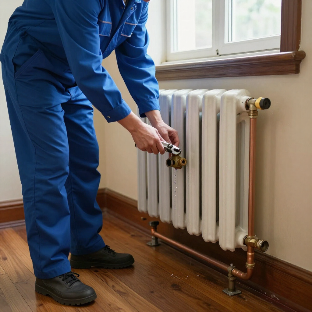 Technician in blue overalls adjusting a white radiator near a window in a room with wooden floor