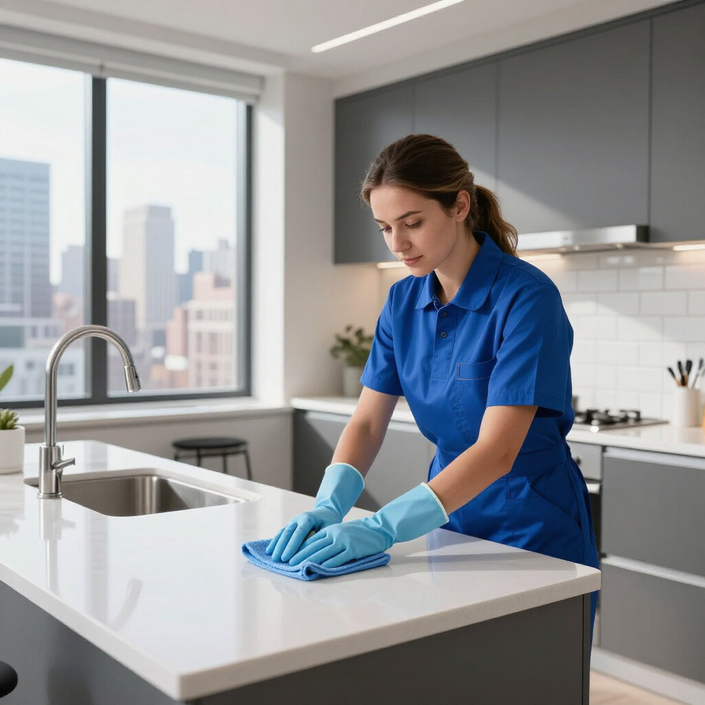 Person in blue uniform cleaning a kitchen countertop with a cloth and spray bottle.