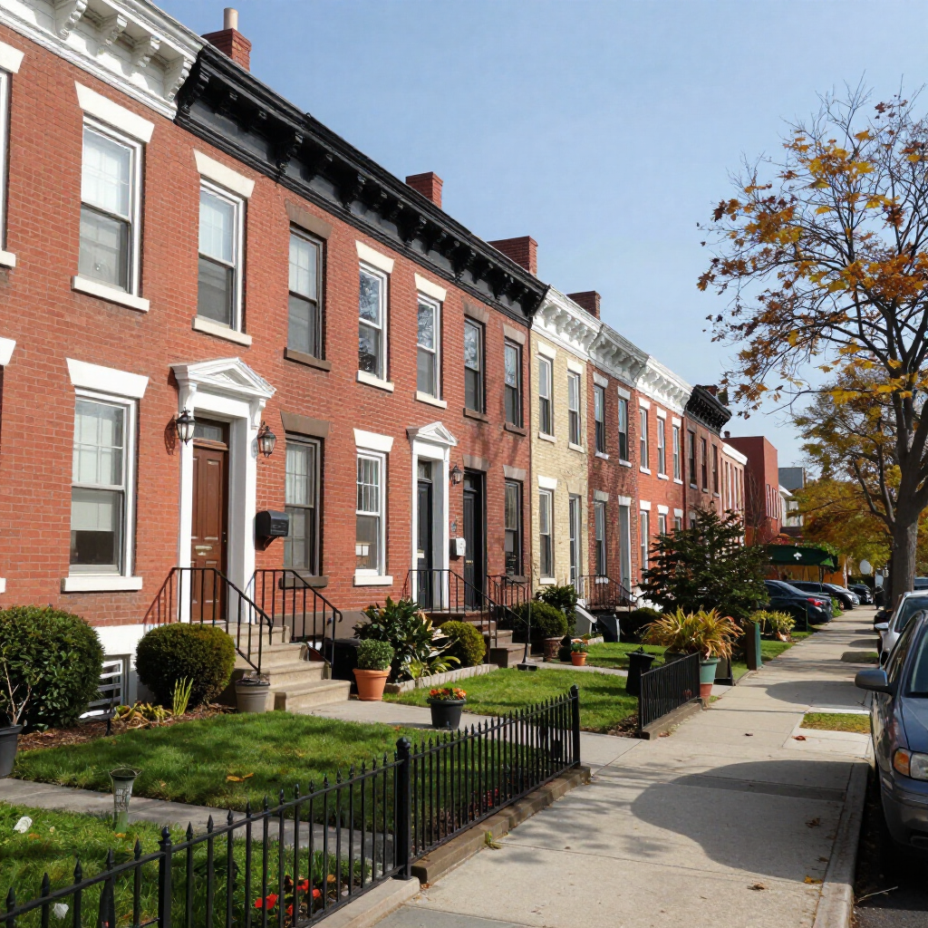 Row of red-brick townhouses with front gardens and a sidewalk on a sunny autumn street