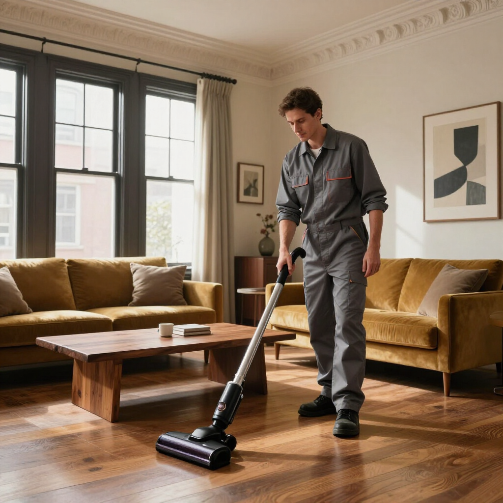 Person vacuuming a sunlit living room with a wooden floor and mustard sofas