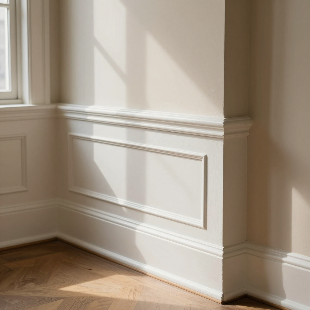 Sunlit empty room corner with cream paneled walls, window trim, and hardwood floor