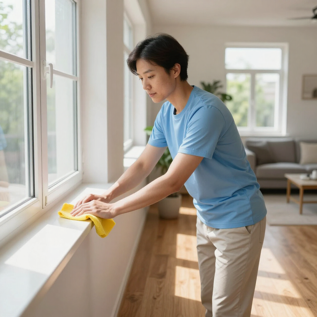 Person wiping a windowsill with a yellow cloth in a bright living room