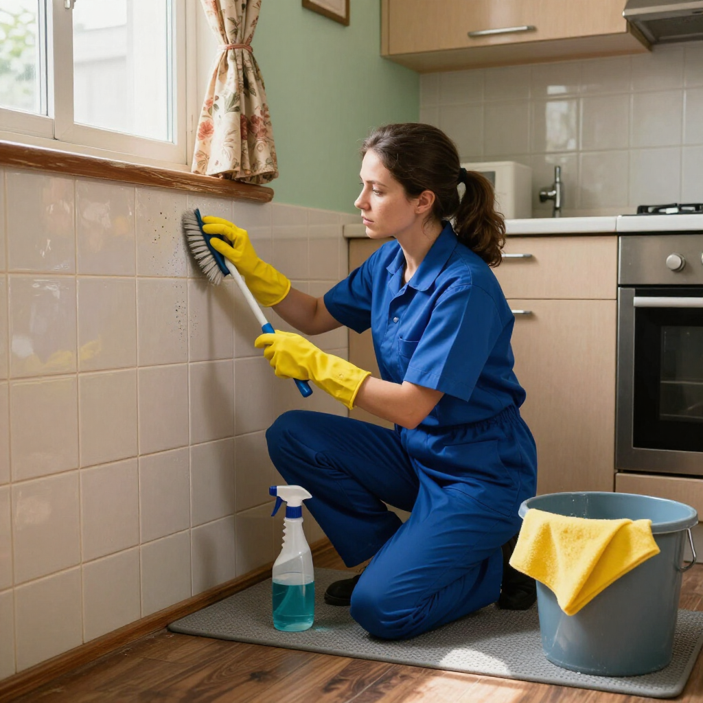 Woman in blue coveralls scrubbing kitchen tile with a brush and spray cleaner