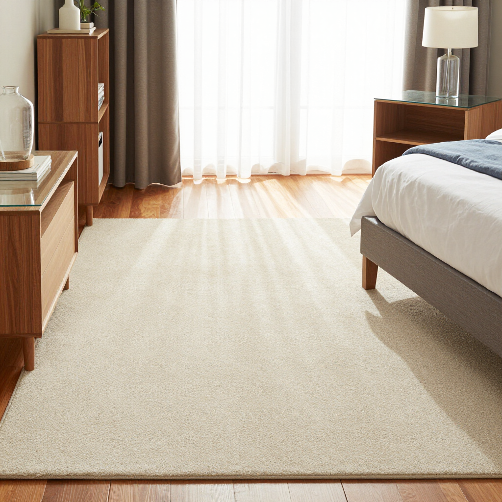 Bright bedroom with a bed, rug, wooden furniture, and sunlight through sheer curtains