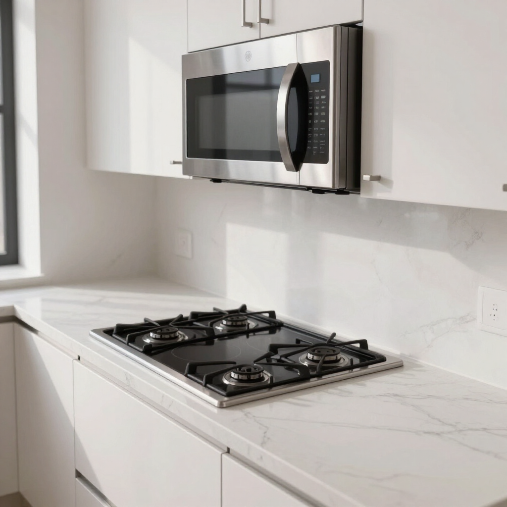 Modern white kitchen with stainless steel microwave above a gas cooktop on a marble countertop
