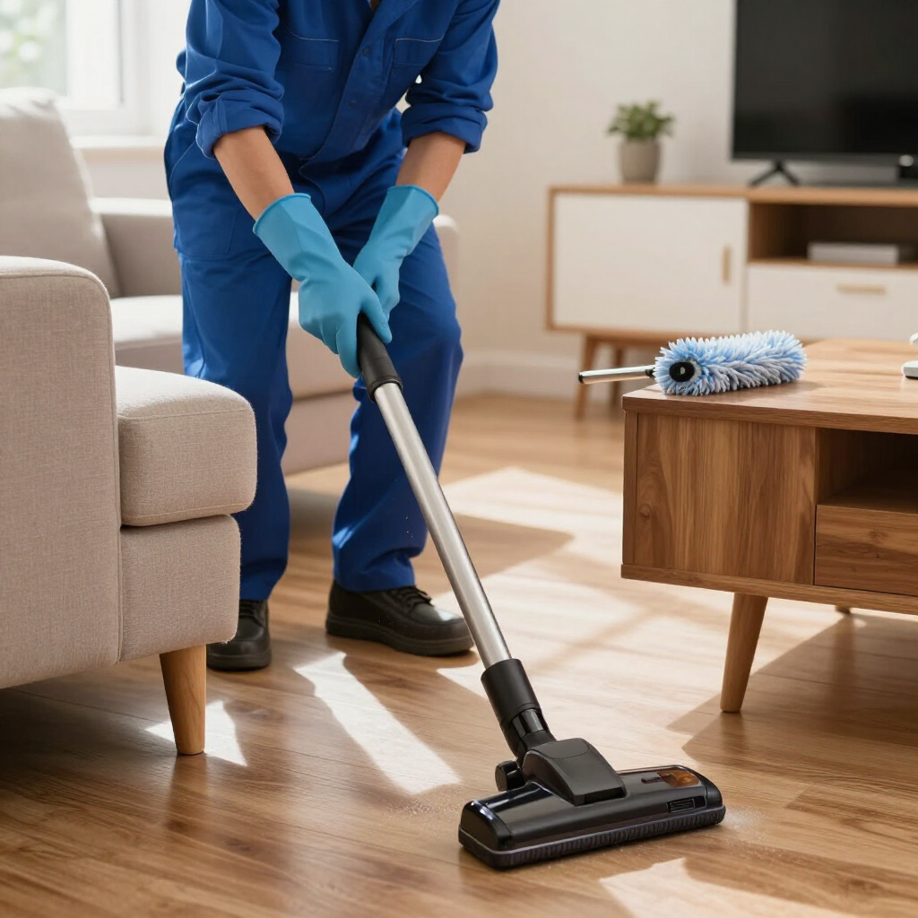 Person vacuuming a sunlit living room with a black upright vacuum, blue gloves and uniform visible