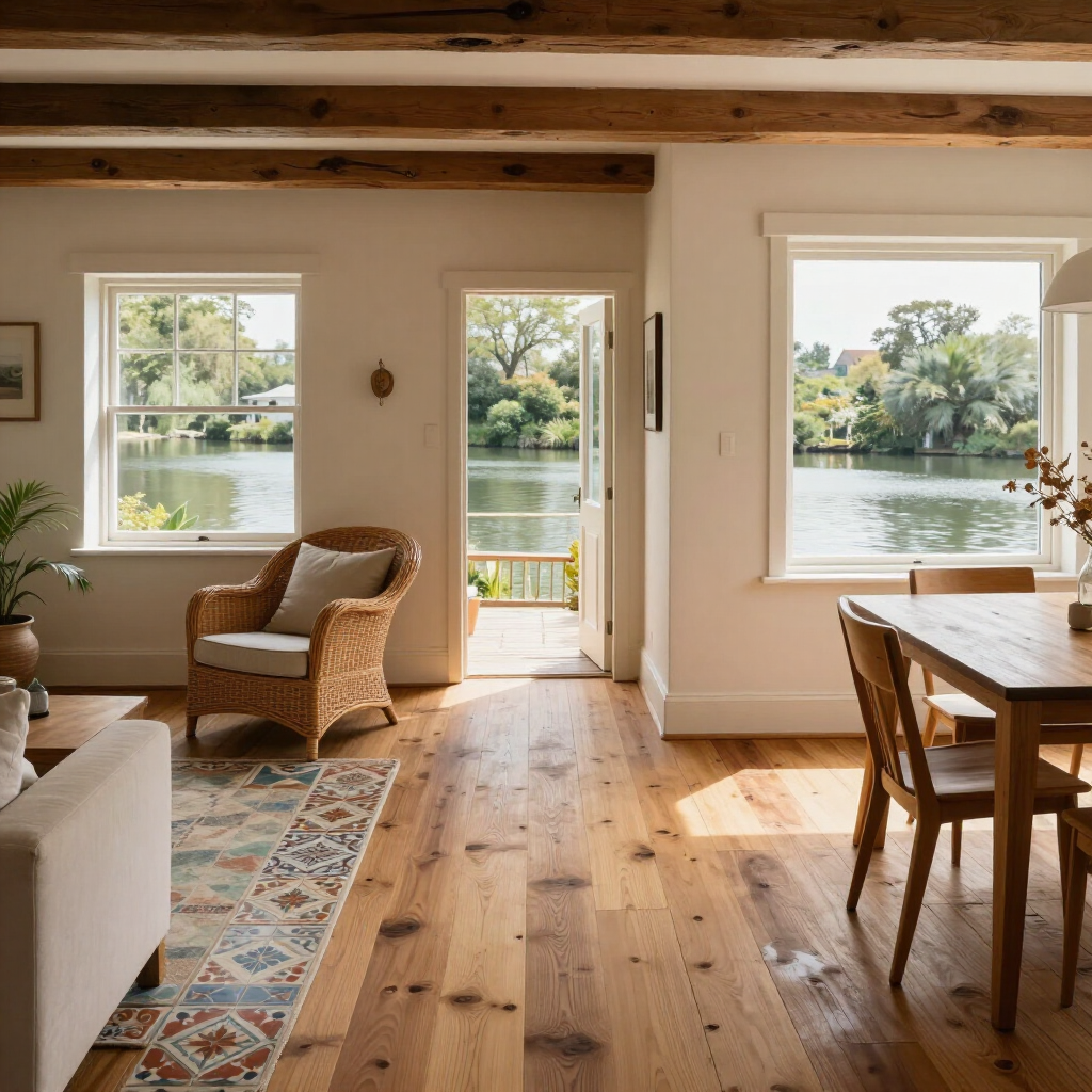 Sunlit living room with lake views, wicker chair, wooden table, and open doorway to the water