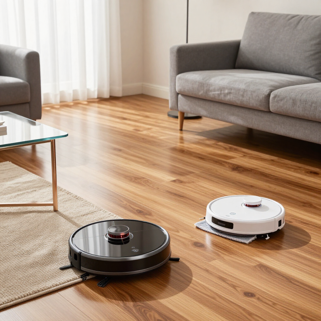 Two robot vacuums on a wooden living room floor near a gray sofa and coffee table