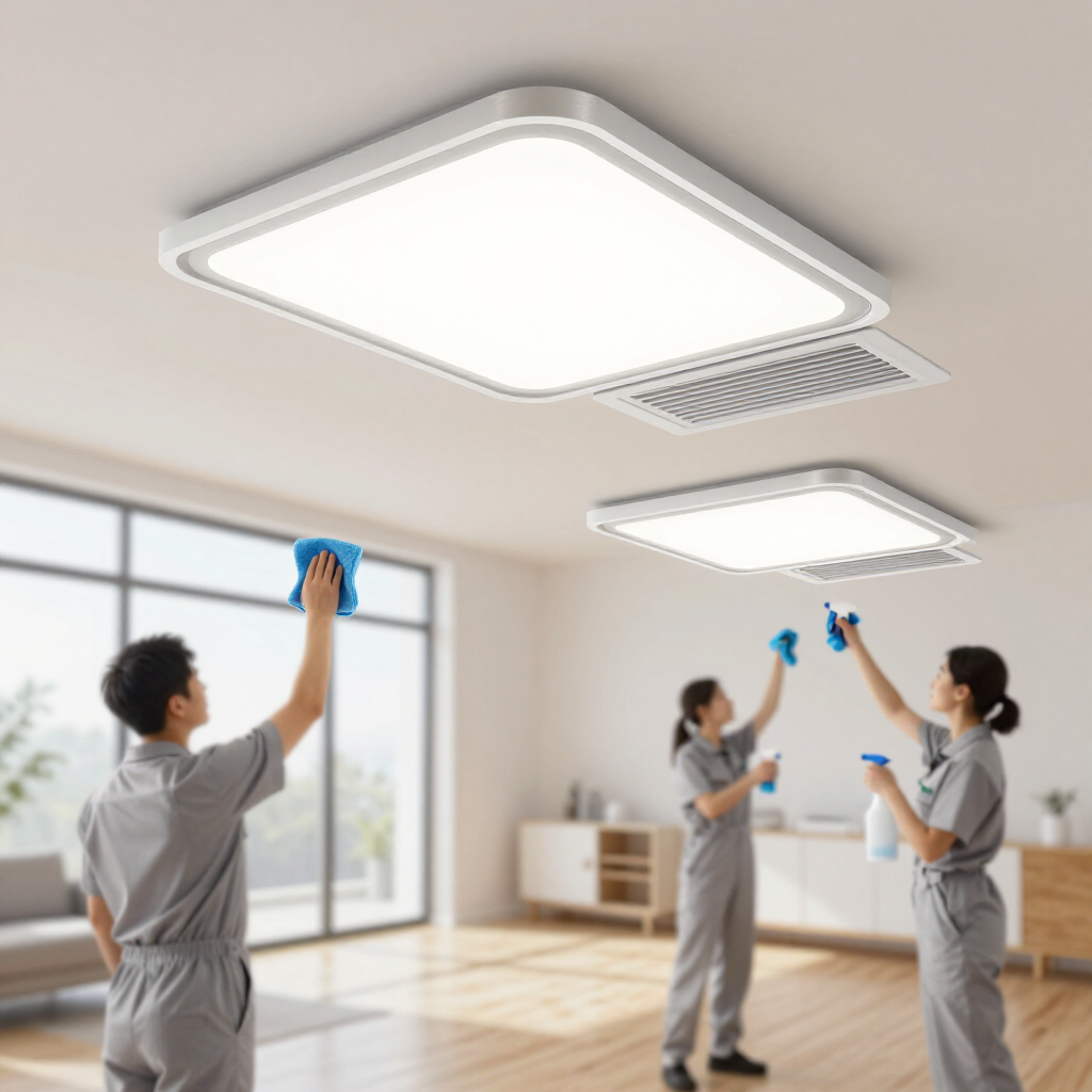 Three cleaners wiping bright ceiling lights in a sunlit room