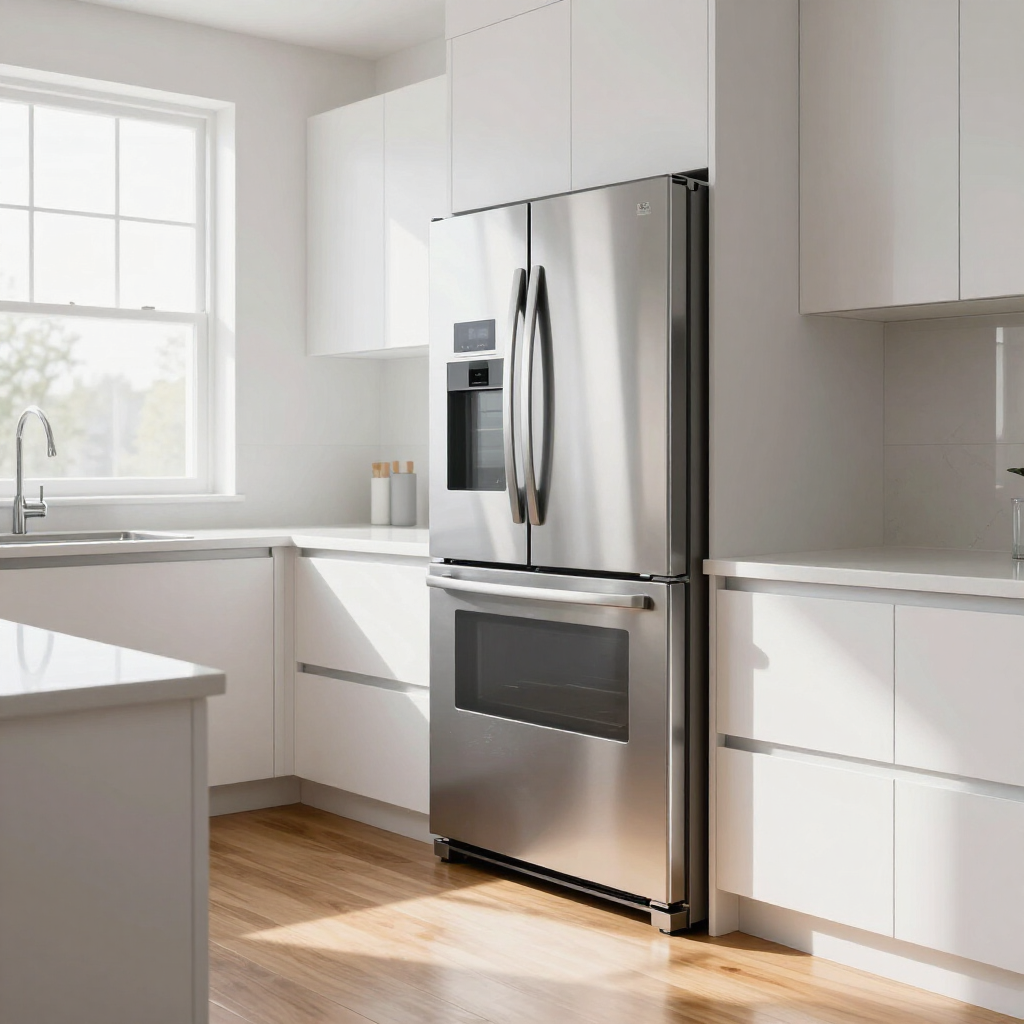 Bright white modern kitchen with stainless steel refrigerator by a sunlit window