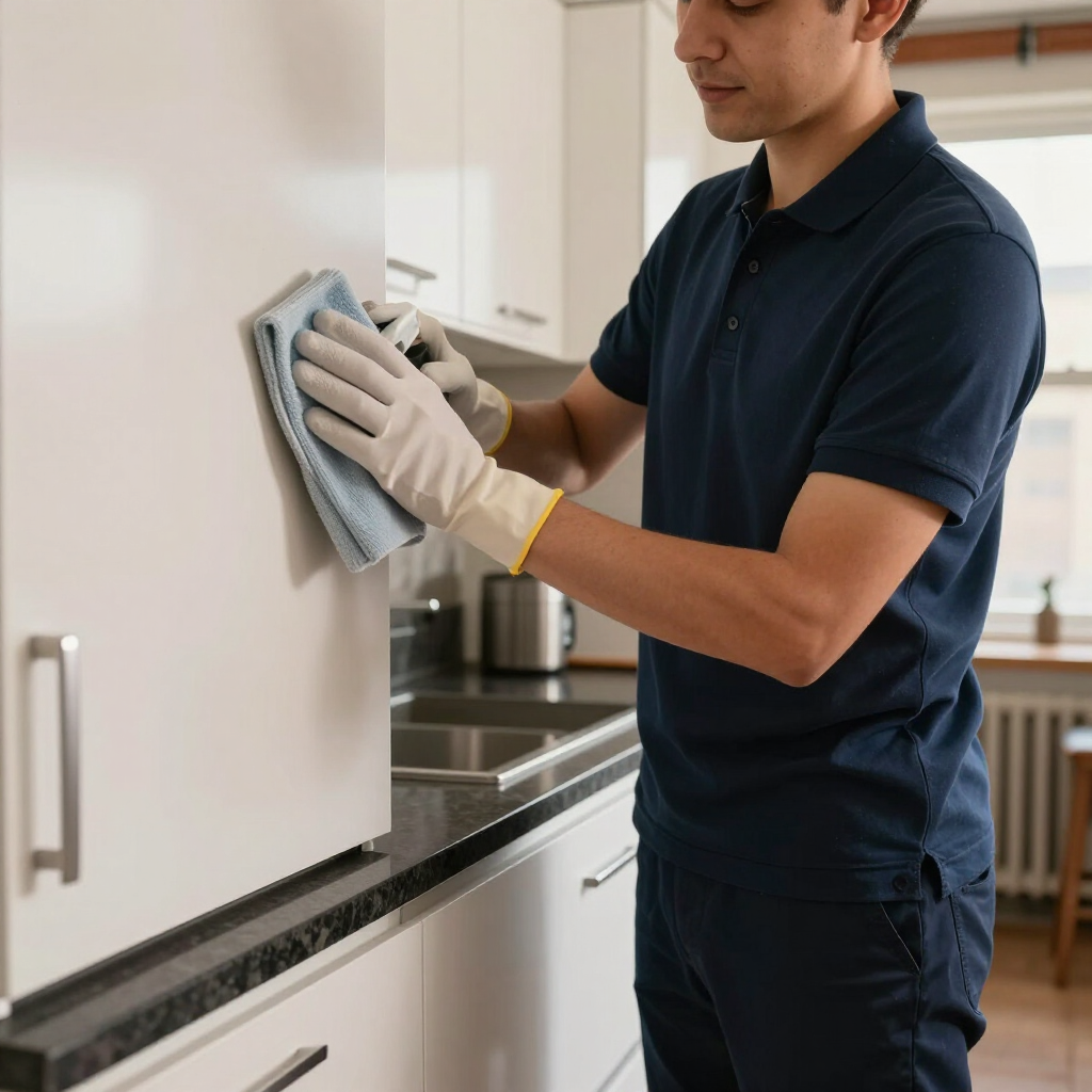 Person in gloves cleaning a white kitchen cabinet with a cloth near a sink and countertop.