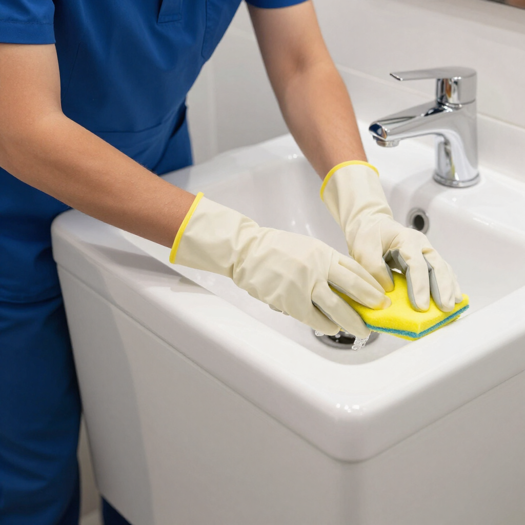 Person in blue uniform cleaning a white bathroom sink with yellow sponge and gloves