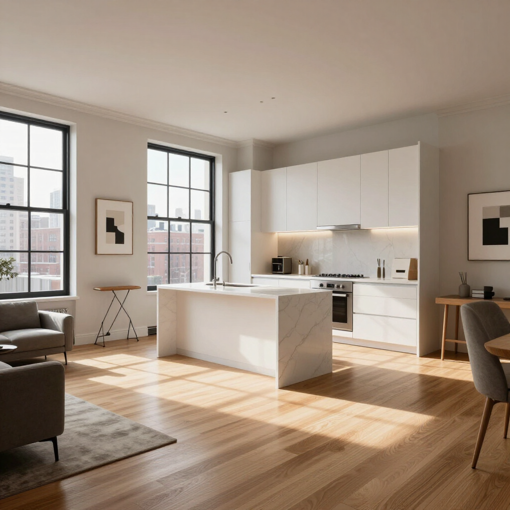 Bright modern kitchen with white island, sunlight from large windows, and a living area with sofa nearby
