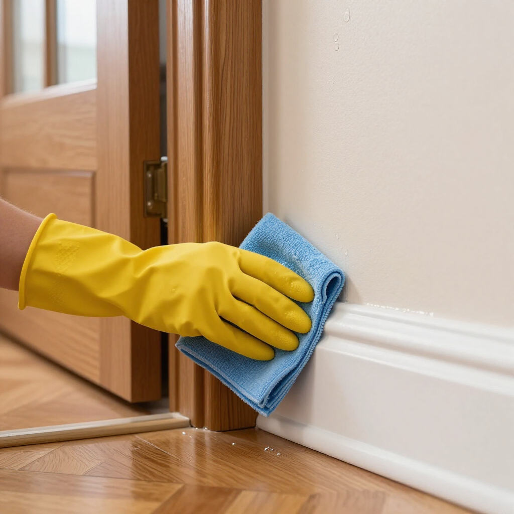 Gloved hand wiping a baseboard and door frame with a blue cloth